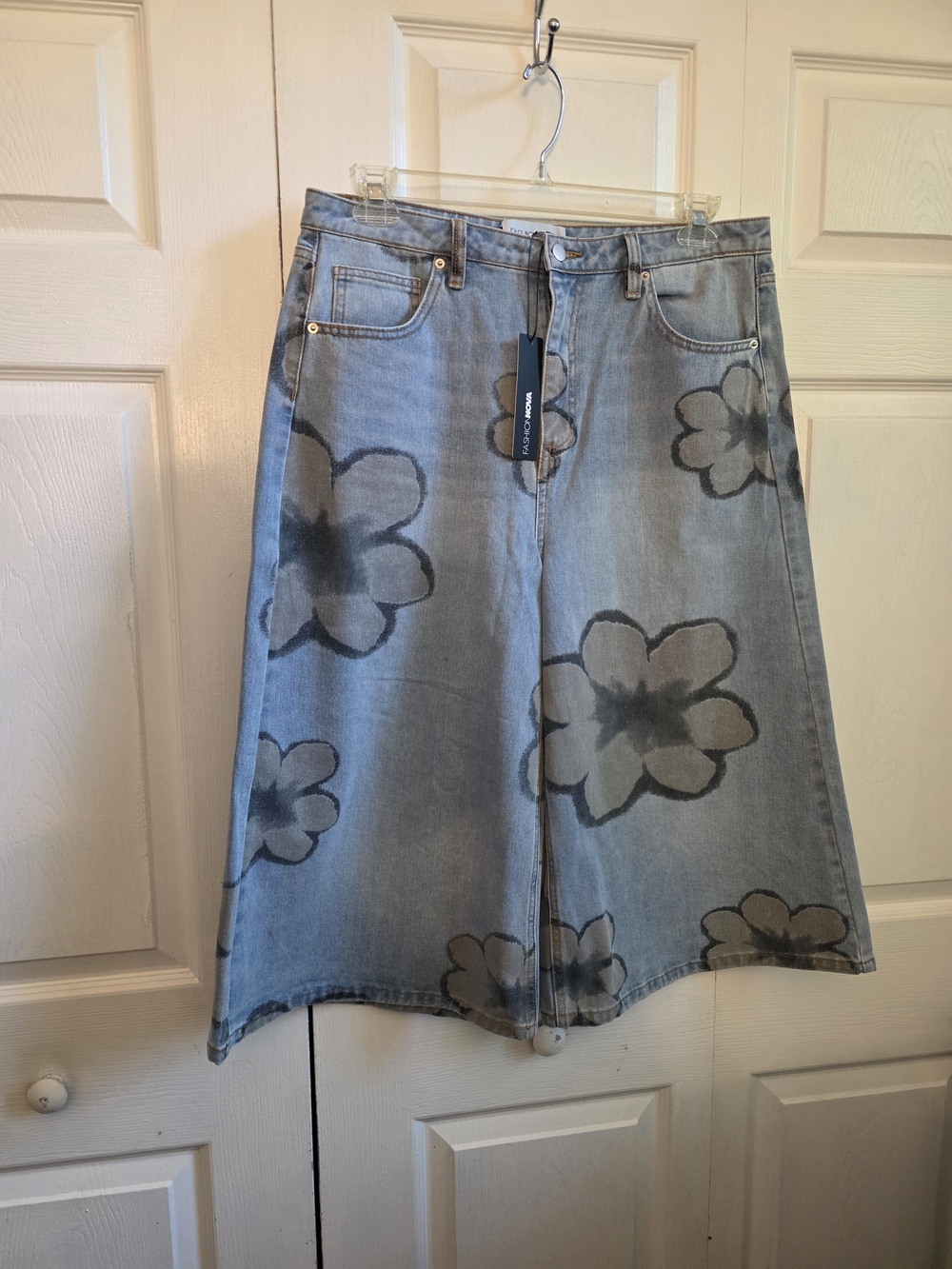 Denim Floral A-Line Midi Jorts in Light Blue